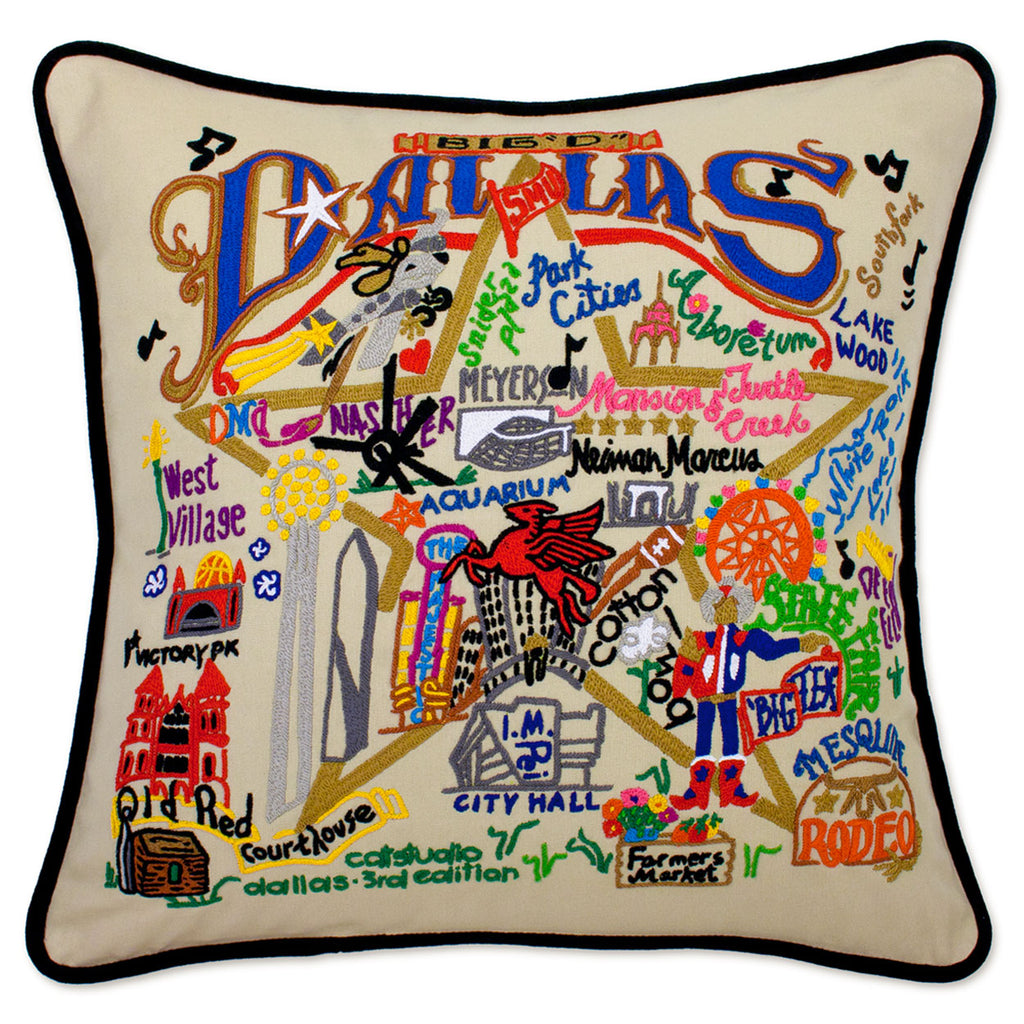 Front view of Dallas Texas Throw Pillow from our Decorative City Gift Collection, showcasing intricate design details reflective of Dallas culture.