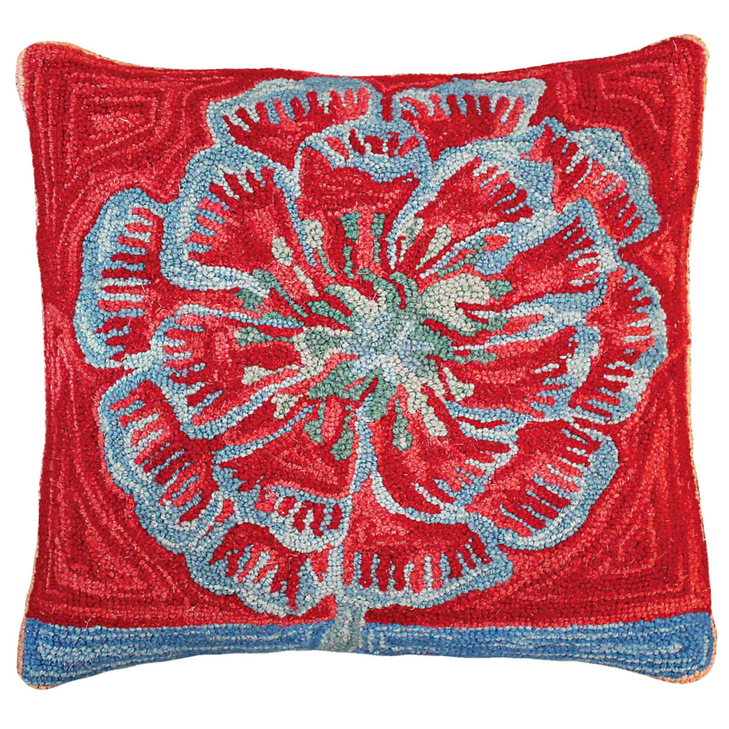 Blue Red Abstract Flower Decorative Design Hooked Throw Pillow, Size: 20x20