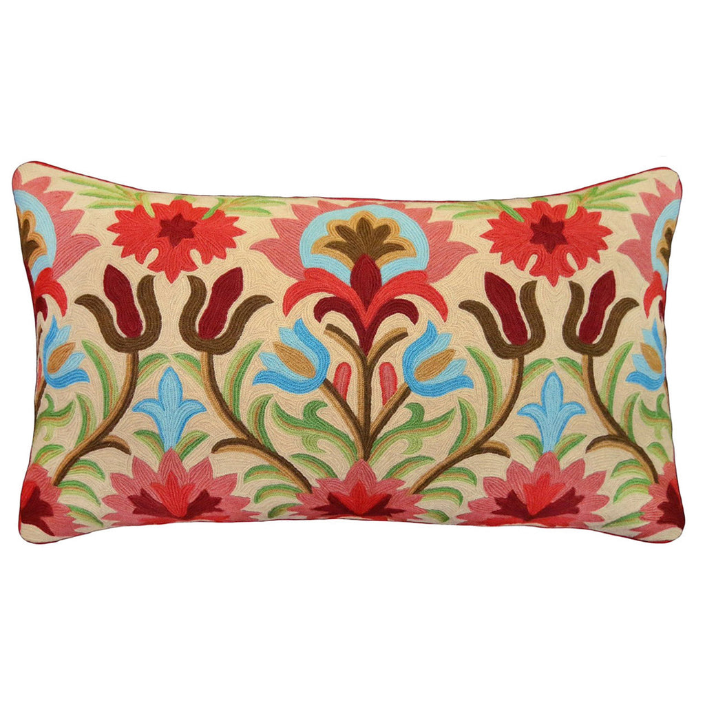 Colorful Floral Boho Embroidered Handmade Wool Pillow, Size: 16x28