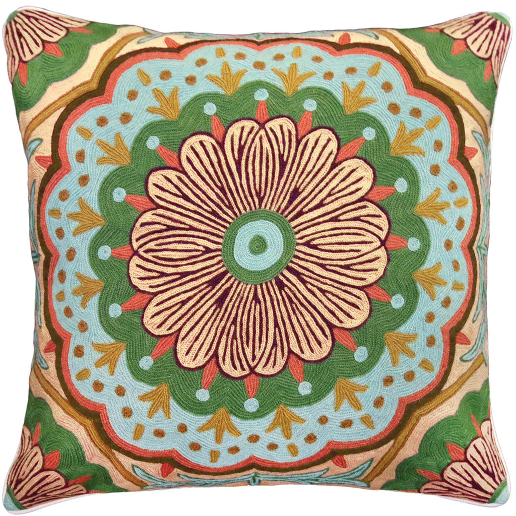 Green Gold Abstract Floral Medallion Embroidered Boho Wool Pillow, Size: 20x20