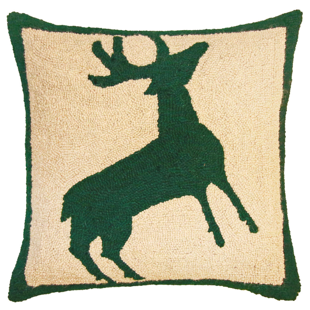 Green Reindeer Holiday Seasonal Decorative Hooked Pillow, Size: 18x18