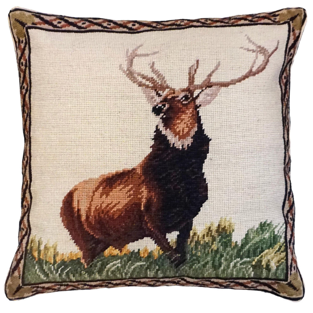 Large Elk Rustic Lodge Decorative Needlepoint Throw Pillow, Size: 18x18