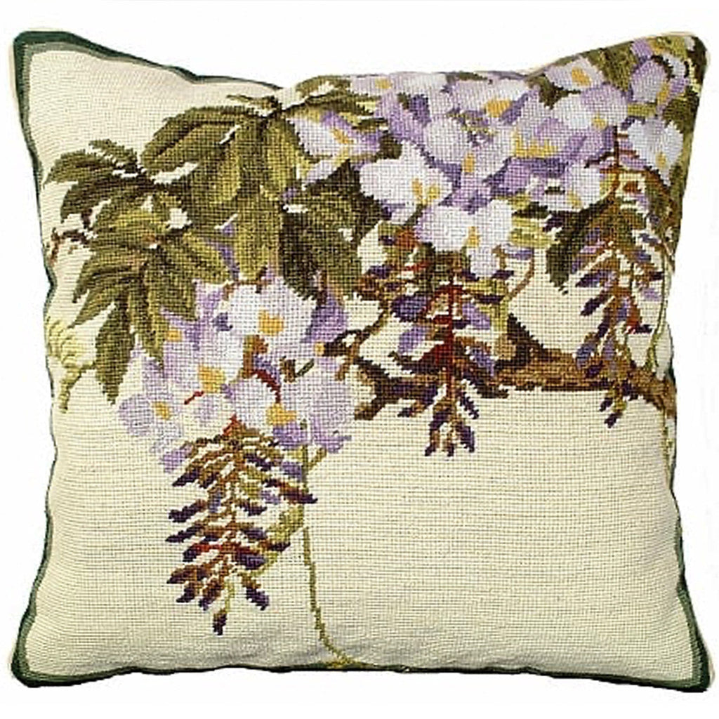 Purple Wisteria White Floral Decorative Needlepoint Throw Pillow, Size: 18x18