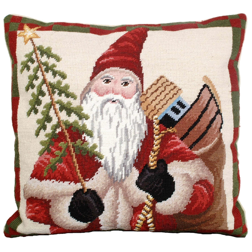 Santa Toys With Tree Holiday Seasonal Needlepoint Pillow, Size: 18x18