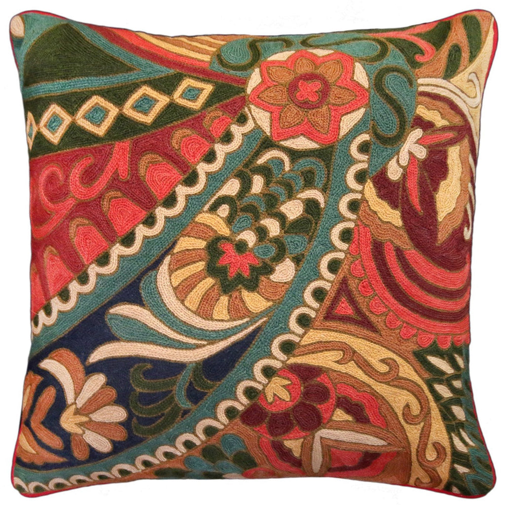 Vintage Floral Abstract Embroidered Handmade Wool Pillow, Size: 20x20