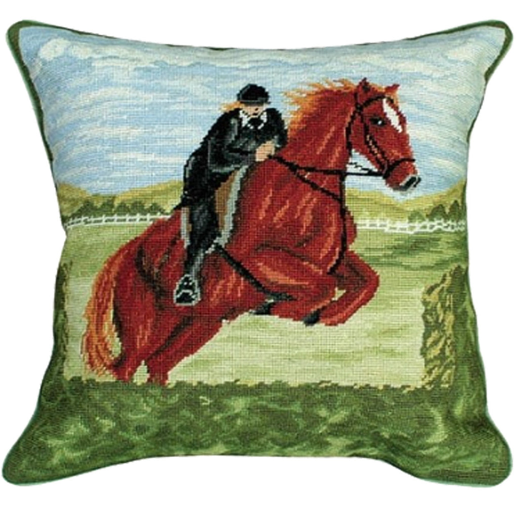 White Jumper English Horse Rider Decorative Needlepoint Throw Pillow, Size: 14x14