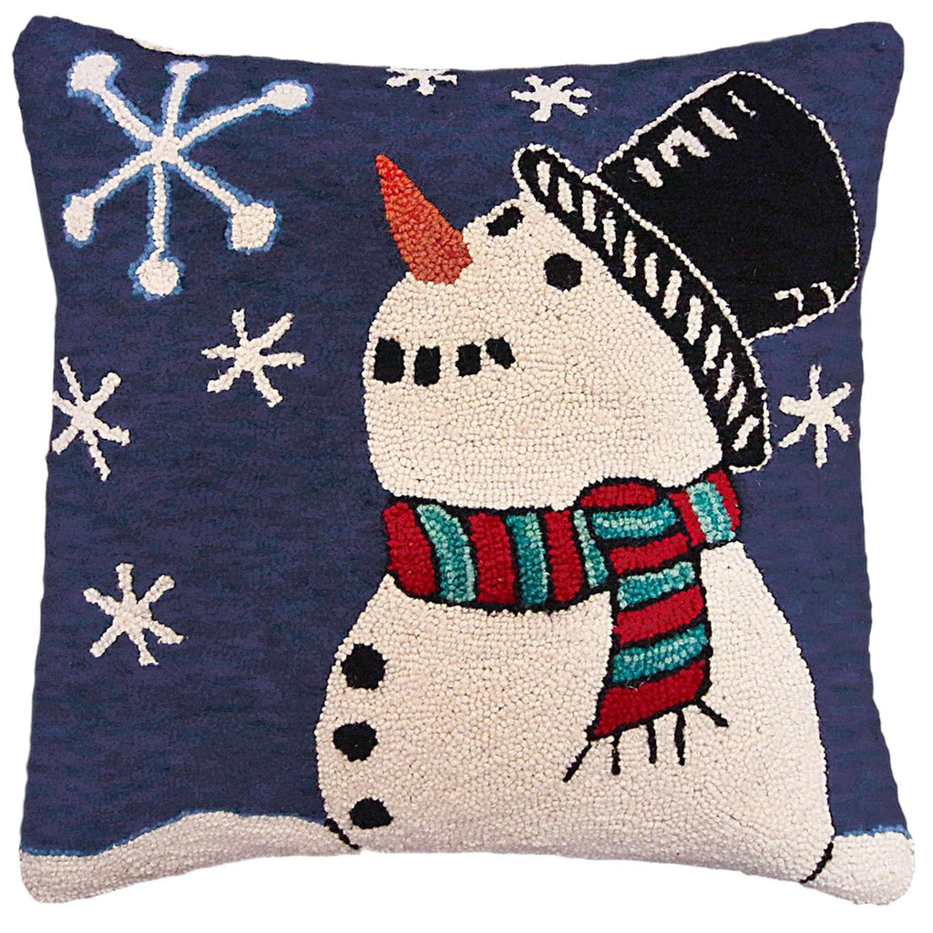 White Winter Snowman Seasonal Holiday Hooked Pillow, Size: 20x20