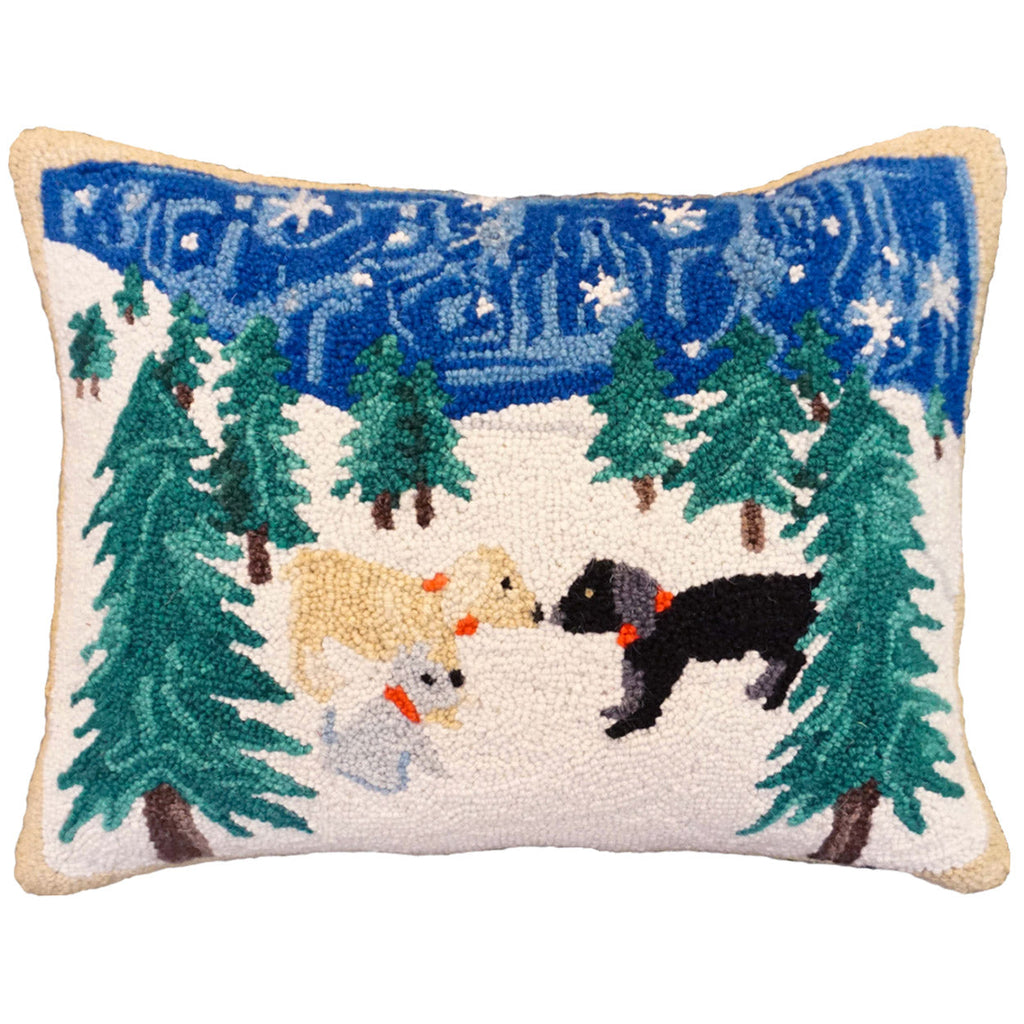 Winter Playing Snow Dogs Seasonal Holiday Hooked Pillow, Size: 16x20