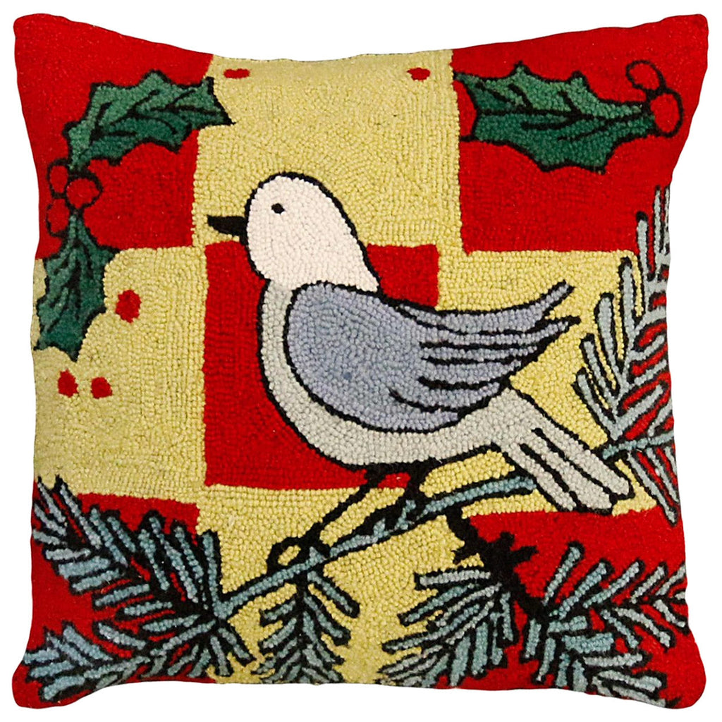 Winter White Bird Evergreen Seasonal Decorative Hooked Pillow, Size: 20x20