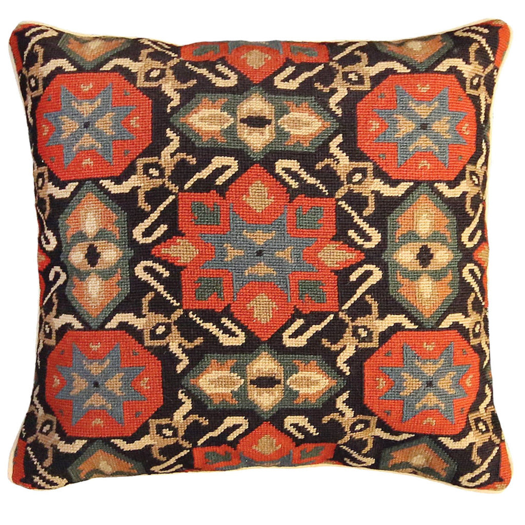 Ararat Turkish Geometric Blue Red Decorative Needlepoint Pillow, Size: 18x18