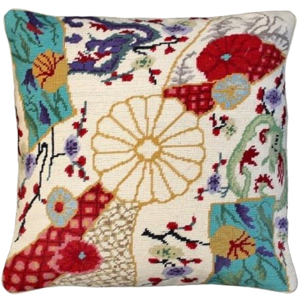 Beige Chic Imari Flowers Dragons Colonial Design Needlepoint Pillow, Size: 18x18