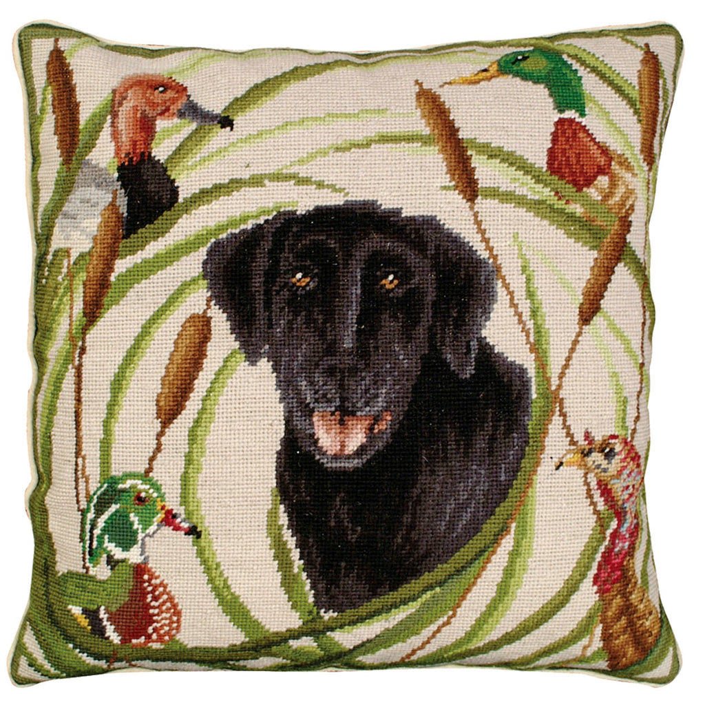 Black Lab Dog With Ducks Decorative Lodge Needlepoint Throw Pillow, Size: 18x18