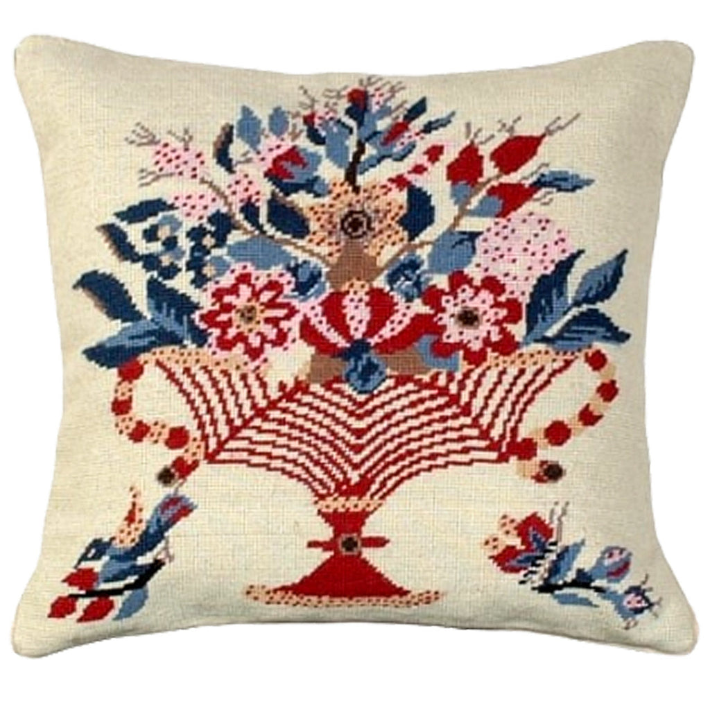 Blue Bird Red Vase Baltimore Album Quilt Needlepoint Throw Pillow, Size: 18x18