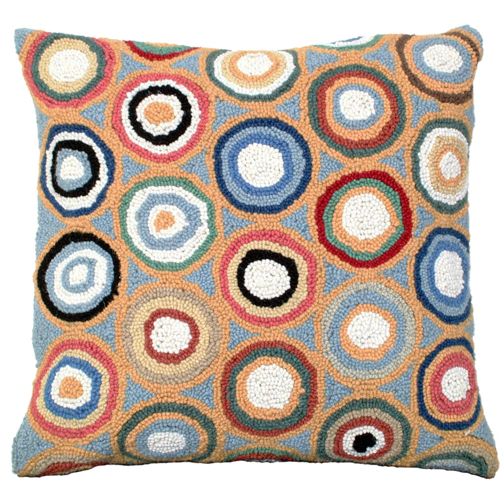 Blue Geometric Circles Pattern Hooked Designer Throw Pillow, Size: 18x18