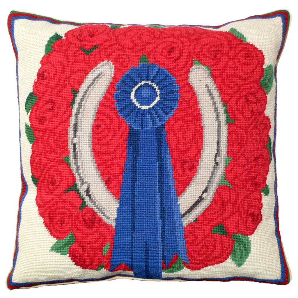 Blue Ribbon Roses Horse Equestrian Needlepoint Pillow, Size: 18x18