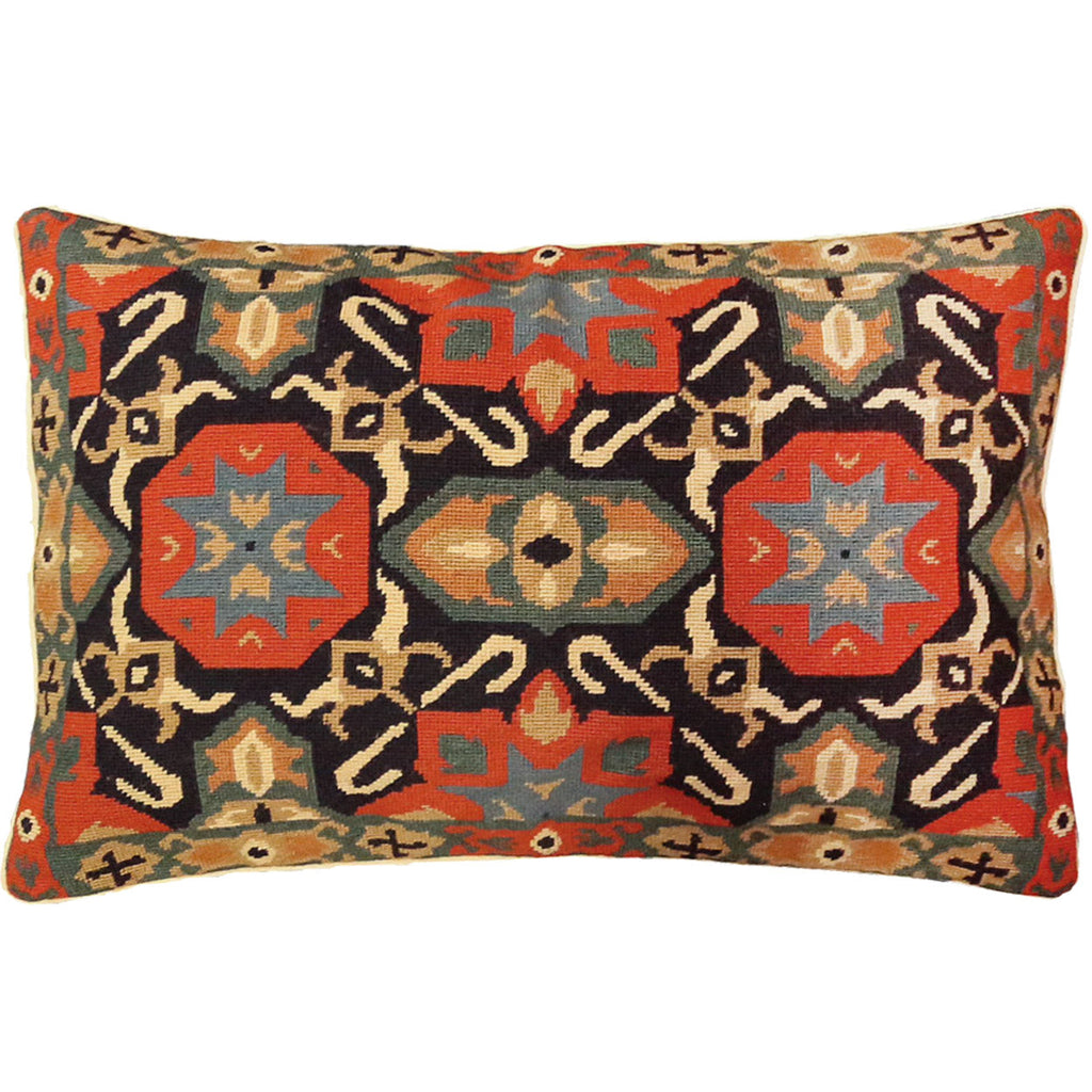Classic Navy Orange Vintage Turkish Ararat Design Needlepoint Pillow, Size: 18x28