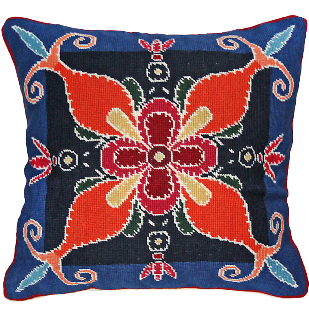 Dark Blue Orange Designer Floral Pattern Virginia Throw Pillow, Size: 18x18