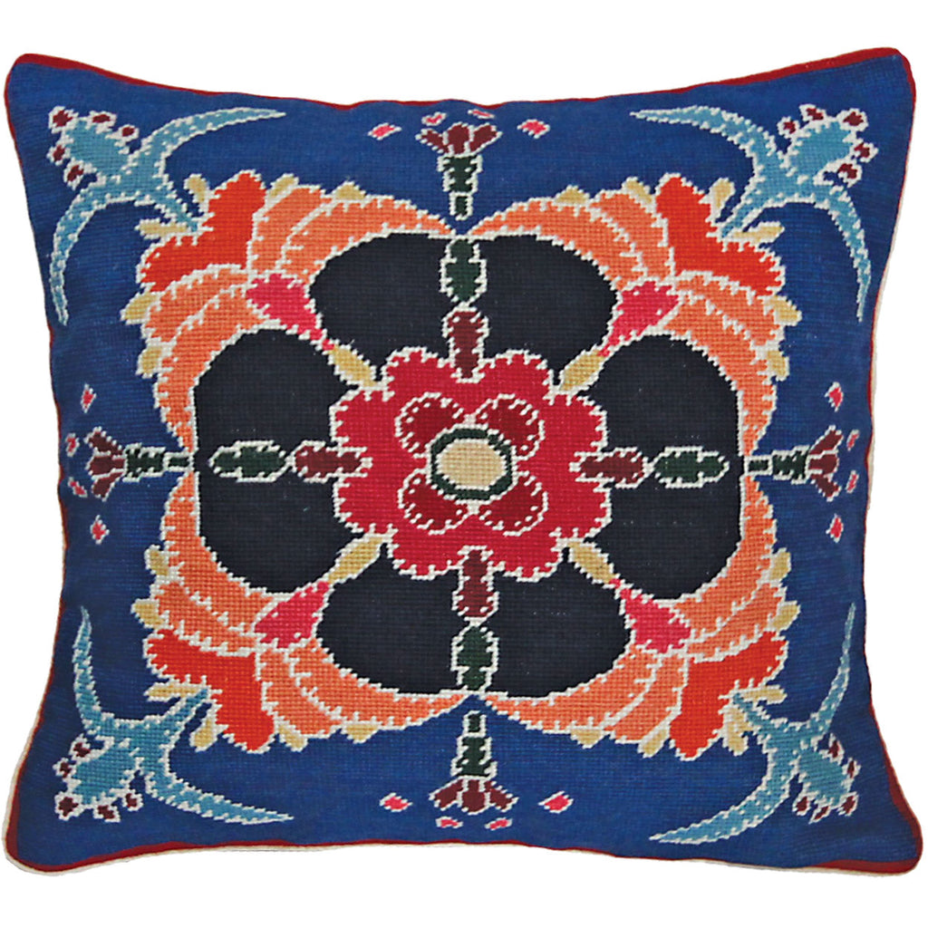 Dark Blue Red Designer Floral Pattern Virginia Throw Pillow, Size: 18x18