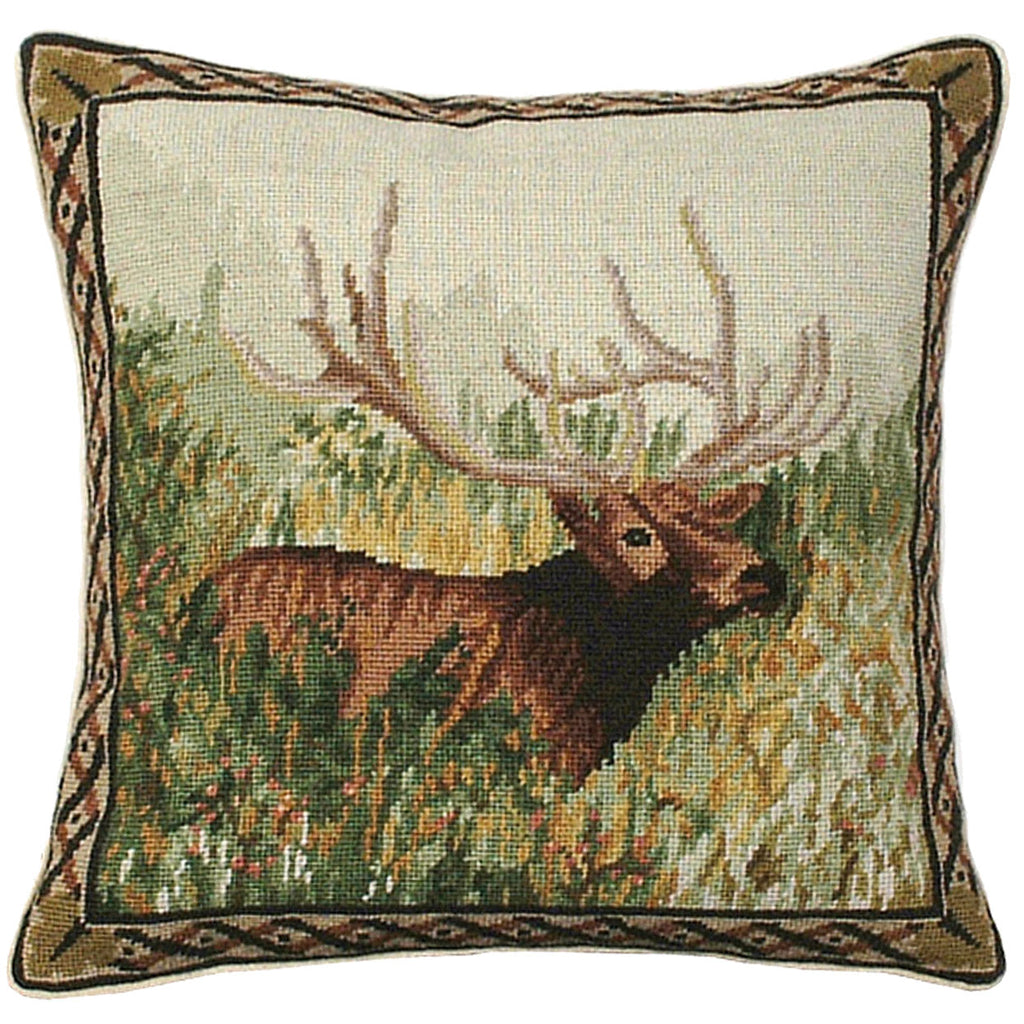 Elk Woods Landscape Rustic Lodge Needlepoint Pillow, Size: 18x18