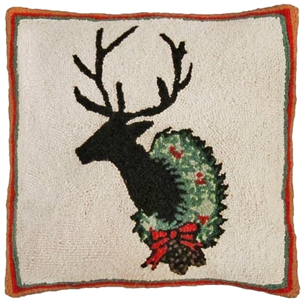 Festive Deer Wreath Holiday Rustic Decorative Hooked Throw Pillow, Size: 18x18
