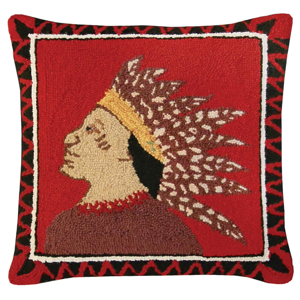 Folk Art Native American Chief Hooked Decorative Pillow, Size: 18x18