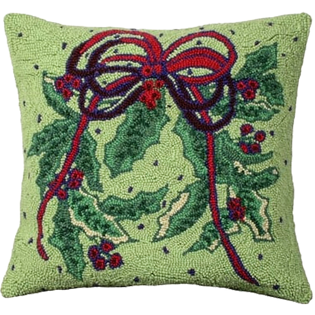Green Holly Bough Decorative Hooked Throw Pillow, Size: 18x18