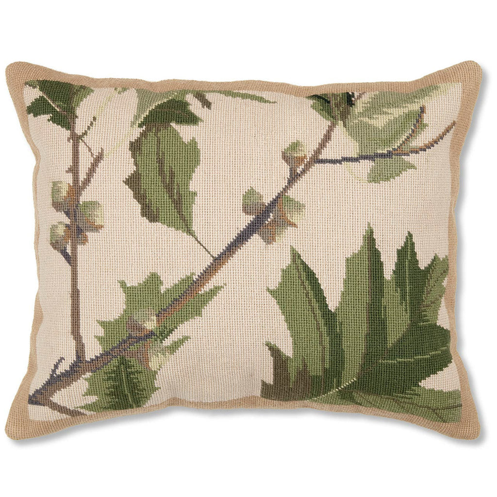 Green Oak Leaves Handmade Needlepoint Pillow, Size: 16x20