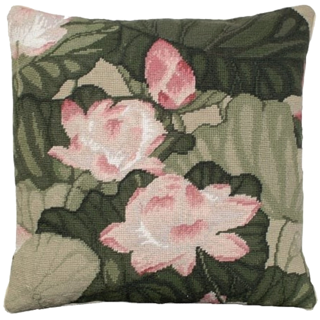 Green Pink Lotus Flower Decorative Needlepoint Throw Pillow, Size: 18x18