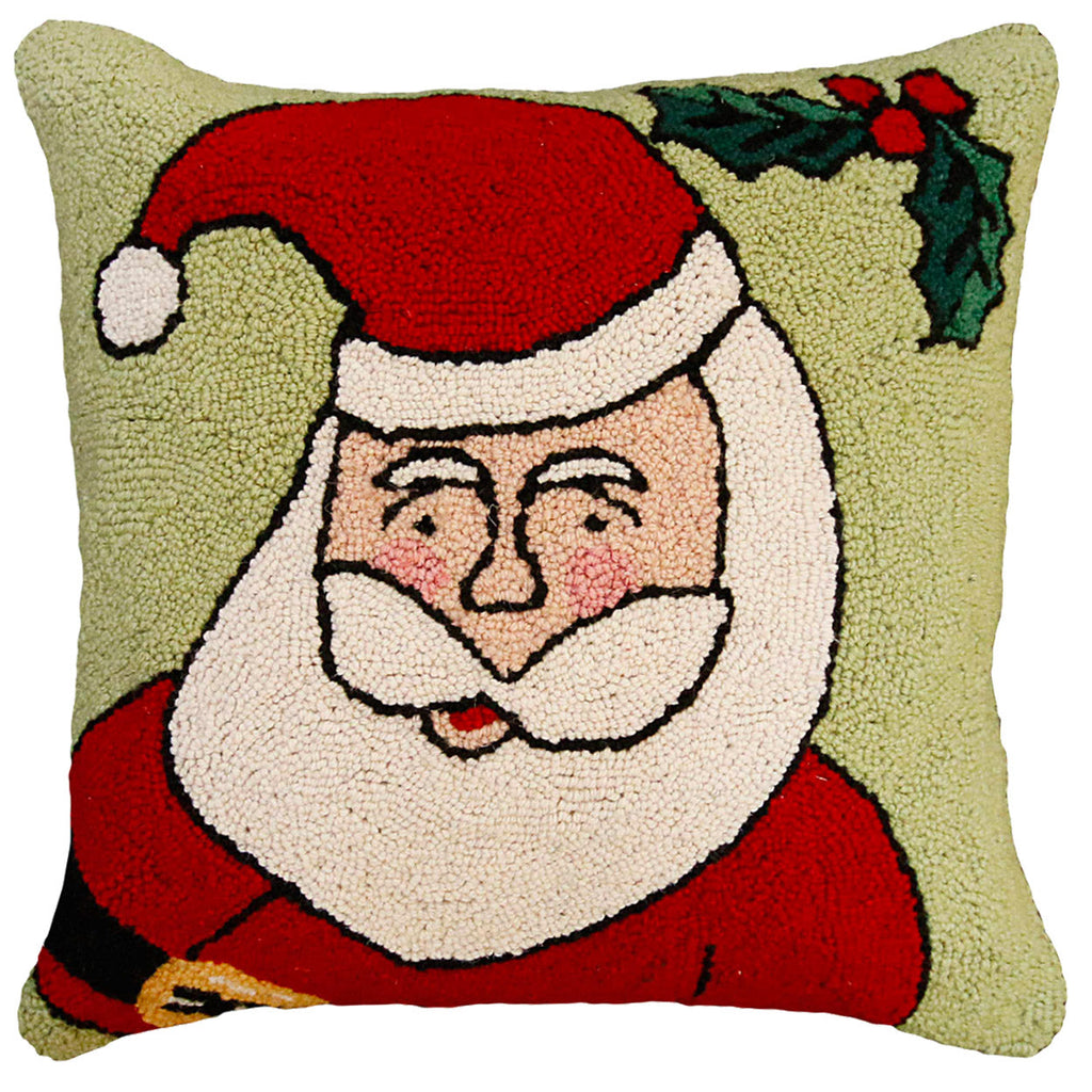 Happy Santa Holly Green Holiday Seasonal Hooked Pillow, Size: 20x20