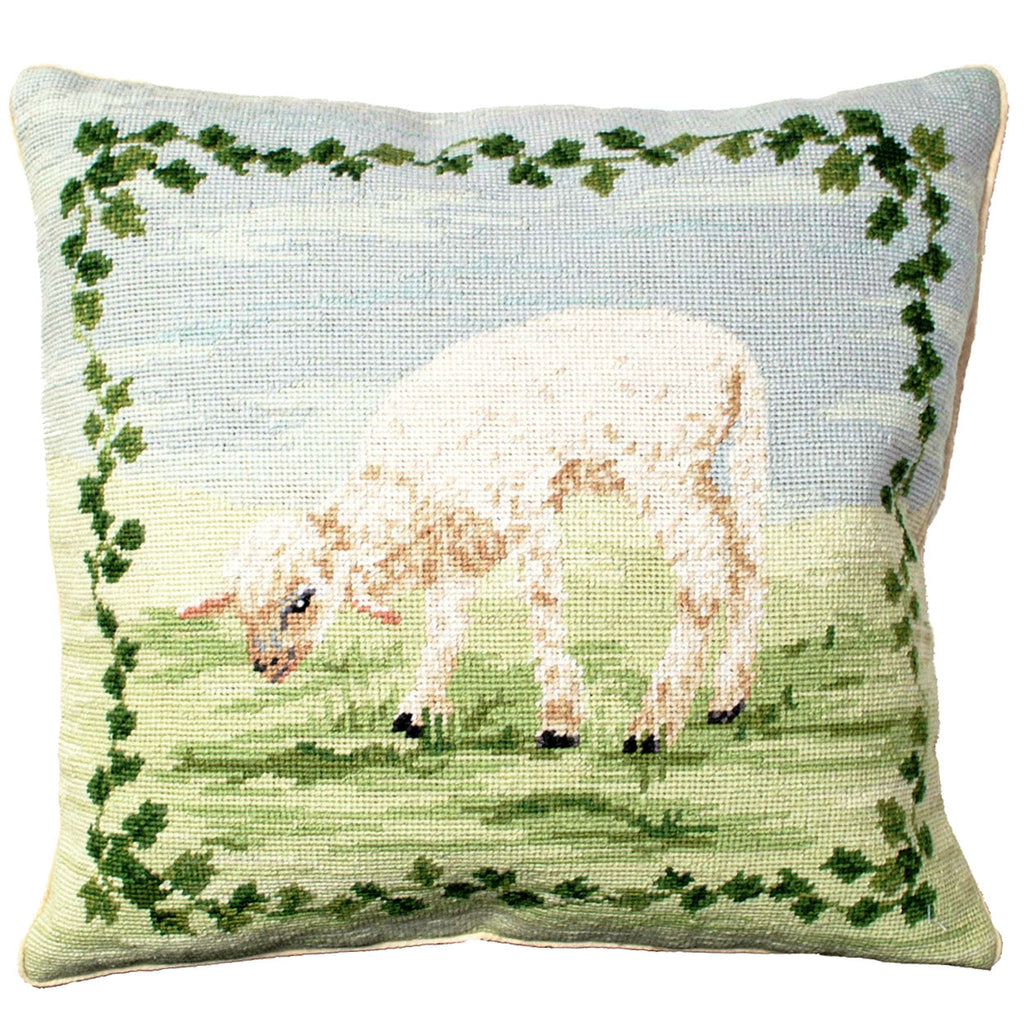 Lamb Sheep Decorative Farm Needlepoint Throw Pillow, Size: 18x18