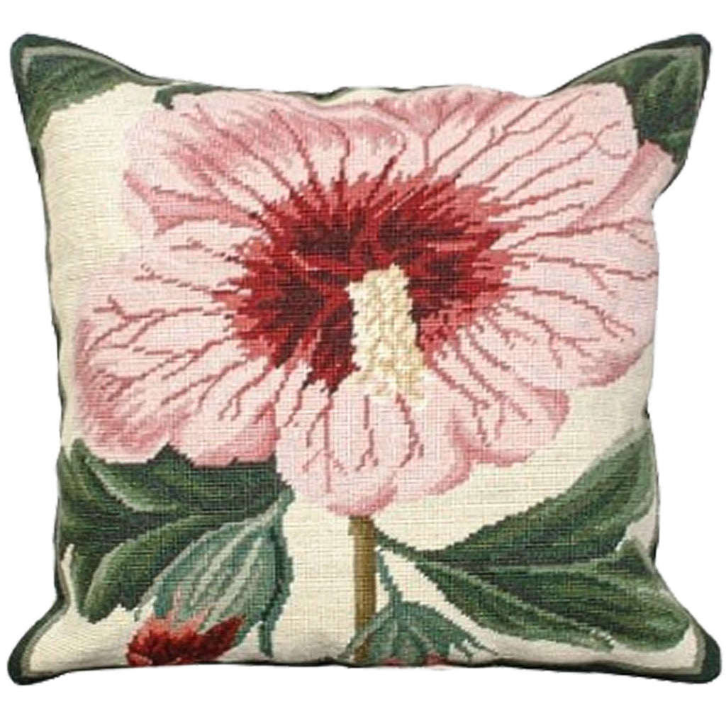 Pink Hibiscus Botanical Design Needlepoint Throw Pillow, Size: 18x18