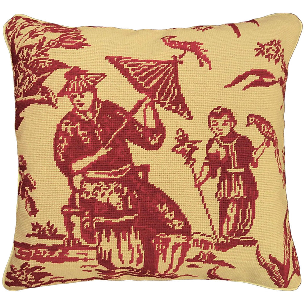 Red Boy Bird Chinoiserie Decorative Asian Design Throw Pillow, Size: 18x18