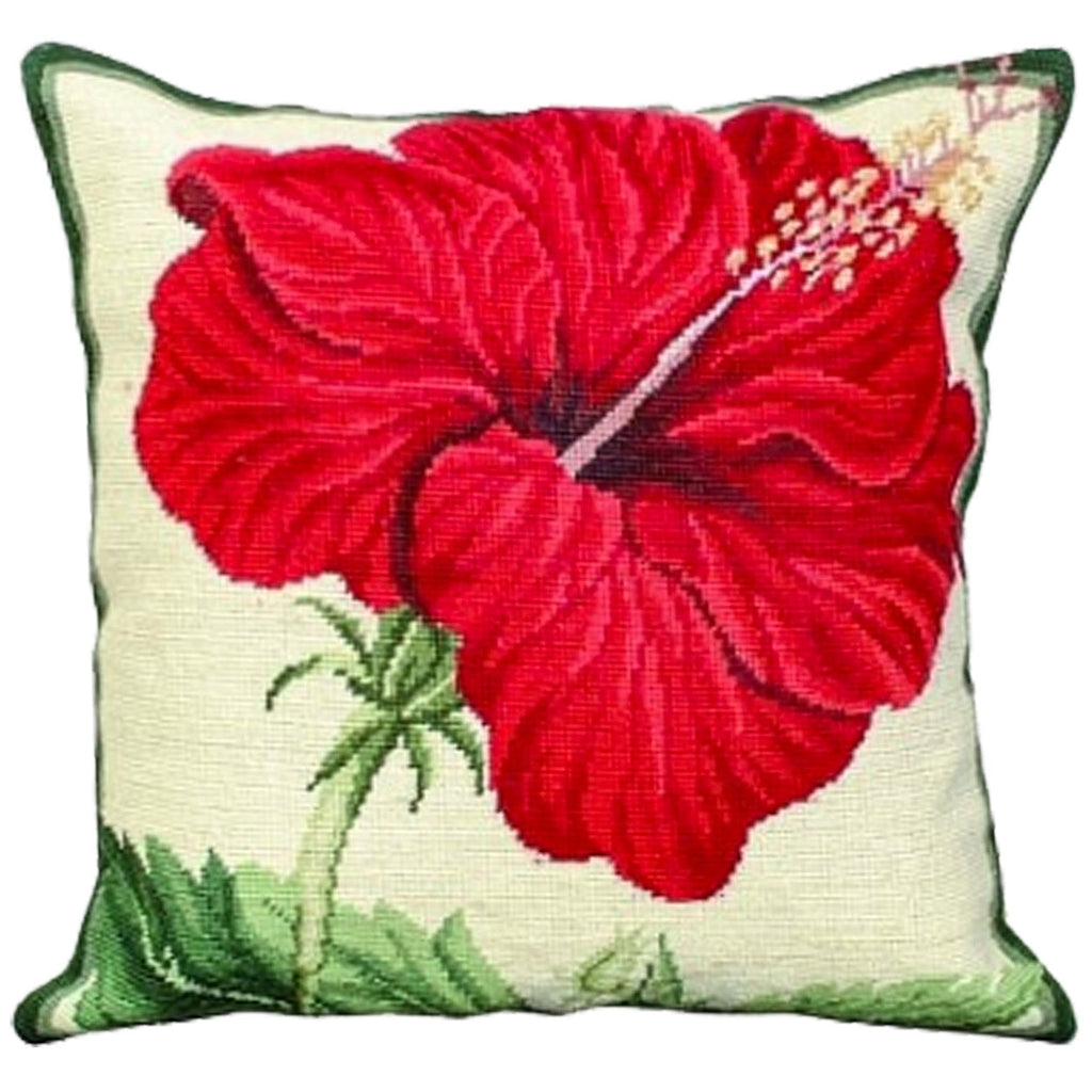 Red China Rose Botanical Design Needlepoint Throw Pillow, Size: 18x18