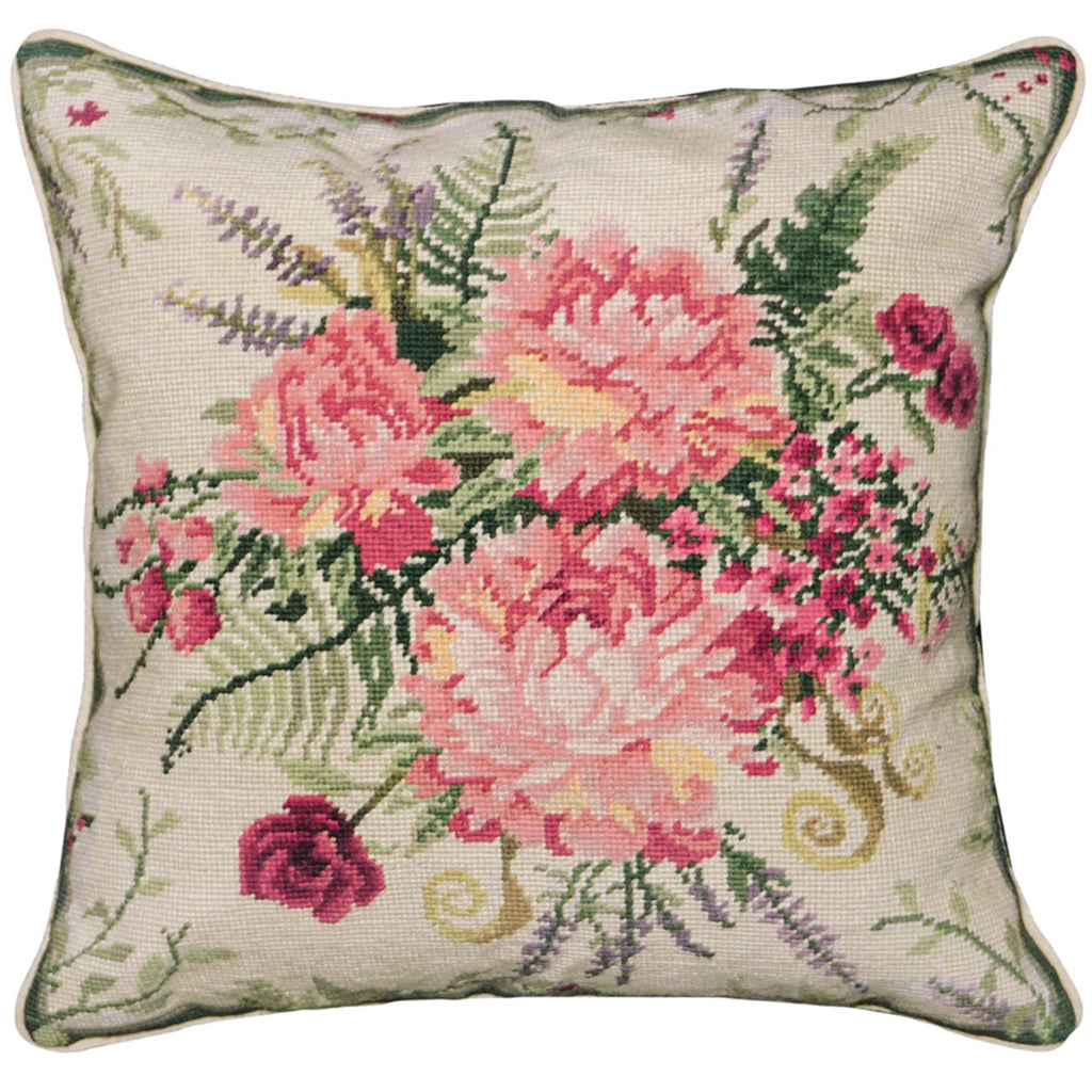 Red Green Flowers Bouquet Traditional Needlepoint Pillow, Size: 18x18