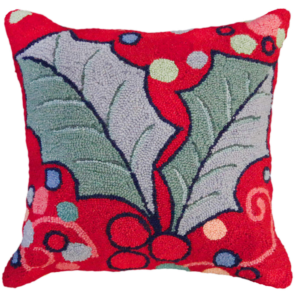 Red Holly Leaves Decorative Seasonal Holiday Hooked Pillow, Size: 20x20