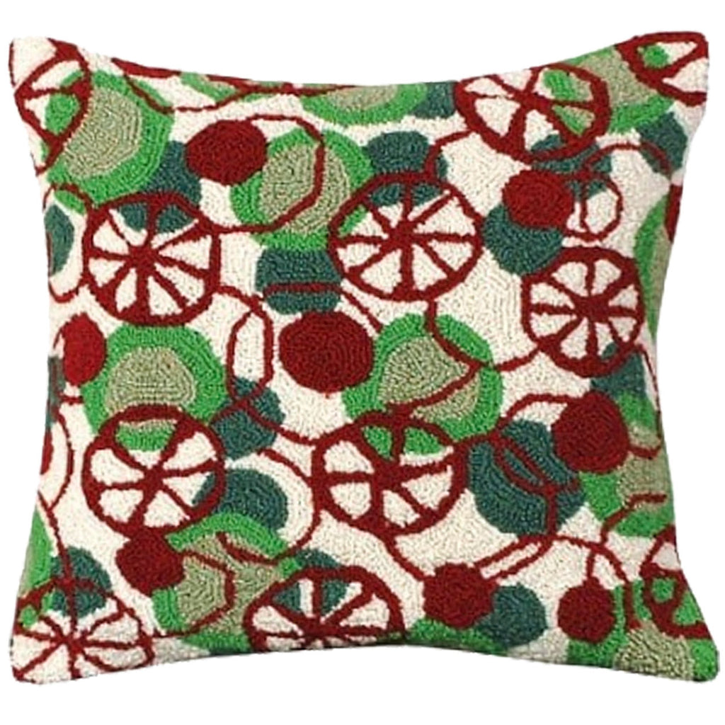 Red Peppermint Green Swirls Holiday Hooked Throw Pillow, Size: 18x18