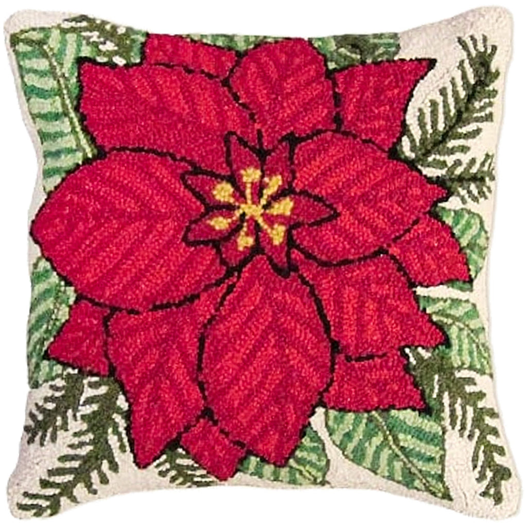 Red Poinsettia Floral Decorative Holiday Hooked Throw Pillow, Size: 18x18