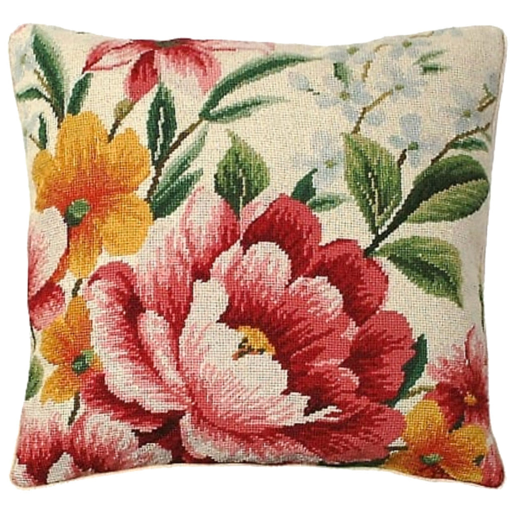 Red Yellow Floral Decorative Needlepoint Throw Pillow, Size: 18x18