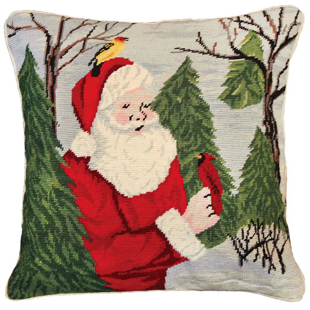 Santa With Cardinal Decorative Holiday Seasonal Needlepoint Pillow, Size: 18x18