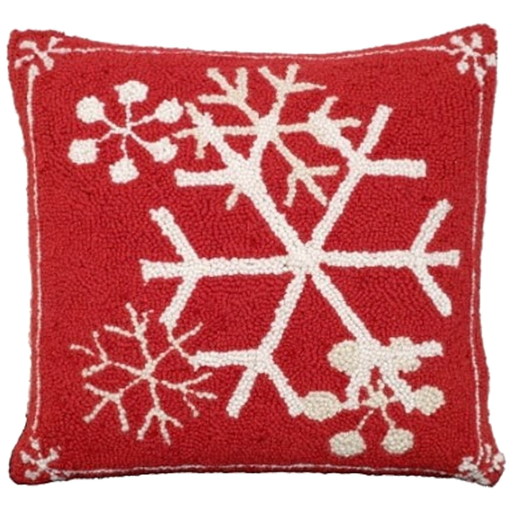 Snow Flakes Red Background Holiday Seasonal Hooked Throw Pillow, Size: 16x16