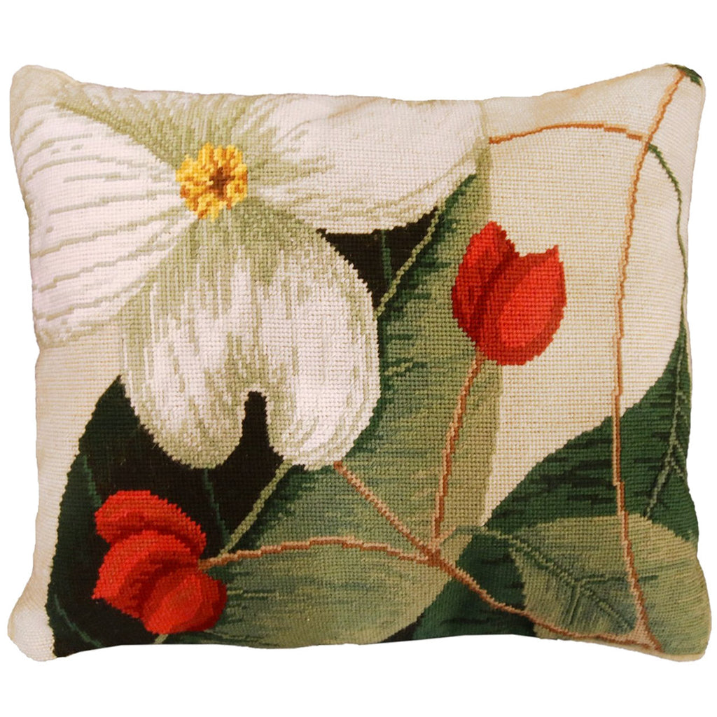White Dogwood Red Botanical Decorative Needlepoint Pillow, Size: 16x20