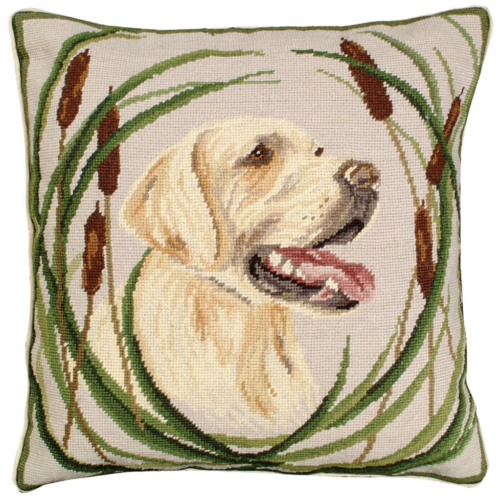 Yellow Labrador Dog Decorative Lodge Needlepoint Throw Pillow, Size: 18x18